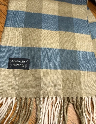 Christian Dior Foulard Cashmaire 100% Acrylique Bleu Tan Beige Plaid 50"