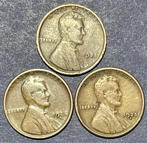 Lincoln Cents. Lot Of 3. 1925 P,D,S. Average Circulated.