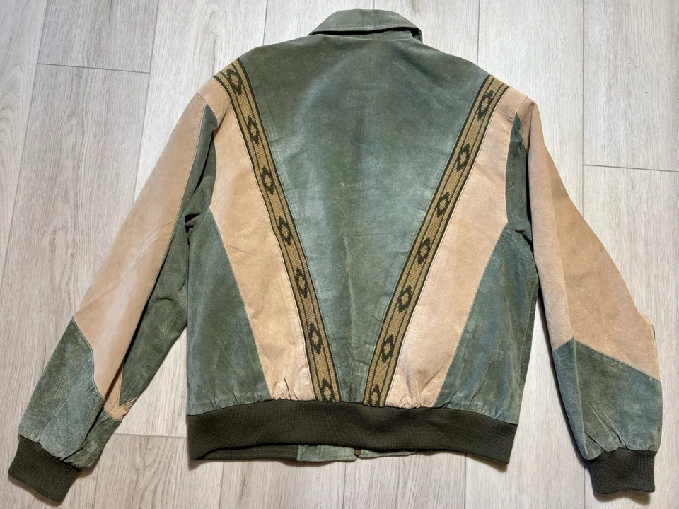 VTG 90s Scully Suede Leather Southwestern Bomber Jacket Colorblock Green Men’s L - Image 2 of 4