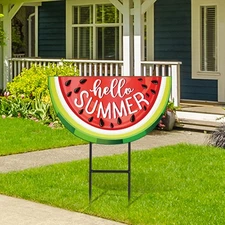Hello Summer Metal Garden Stakes Watermelon Decorative Lawn Sign Summer Fruit...