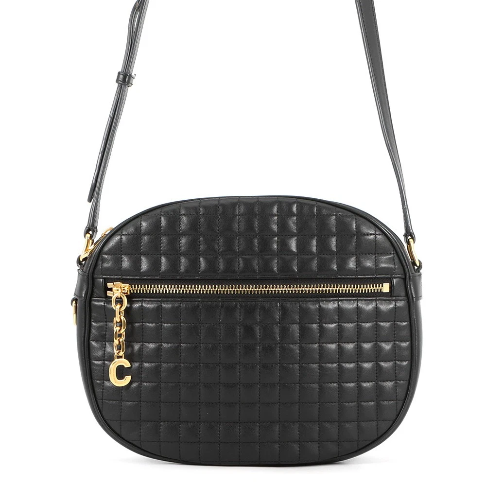 Celine — CELINE Quilted Camera Bag Size Medium Leather Black 188353