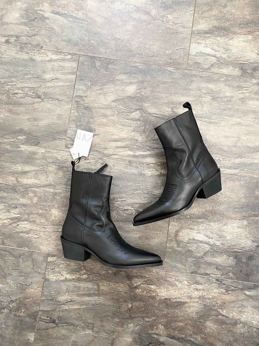 Zara Black Leather Western Cowboy Ankle Boots UK4 EU37 US6.5