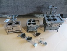  3 VINTAGE CAST IRON STOVES -TOYS/SALESMAN- CRESCENT, QUEEN, 48, W/ACCESSORIES