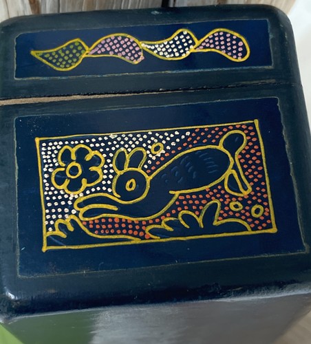 Charming Tiny Black Hardwood Folk Art Wedding Box;Incised Animal Design Handmade - Picture 4 of 5