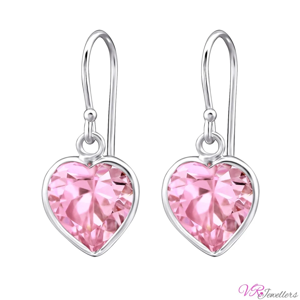 925 Heart Earrings Cubic Zirconia Sterling Silver Pink Drop Dangle Earrings +Box - Image 2 of 3