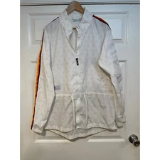 ALDI Gear Long Windbreaker Jacket Rainbow Stripe Lightweight White L Waist Cinch