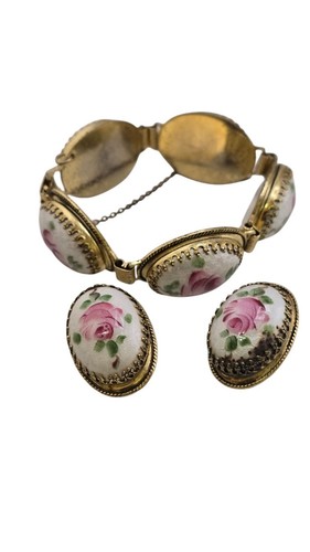 Vintage Whiting und Davis gewölbt Blumen Porzellan Armband Set (A8144) - Bild 2 von 8