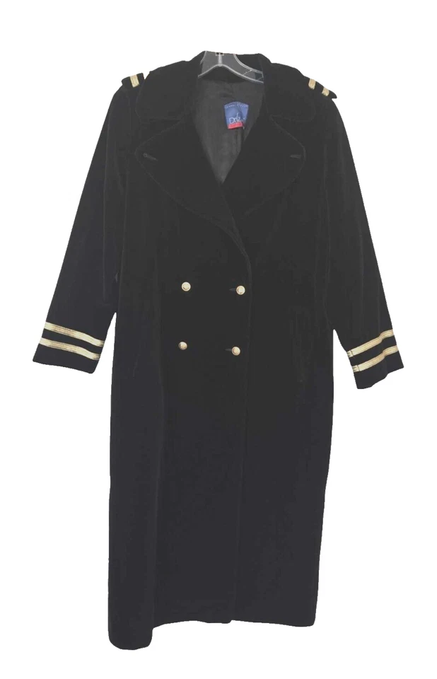Casaco vintage Drizzle preto veludo declaração Maxi Opera EUA tamanho 10 dragonas militares