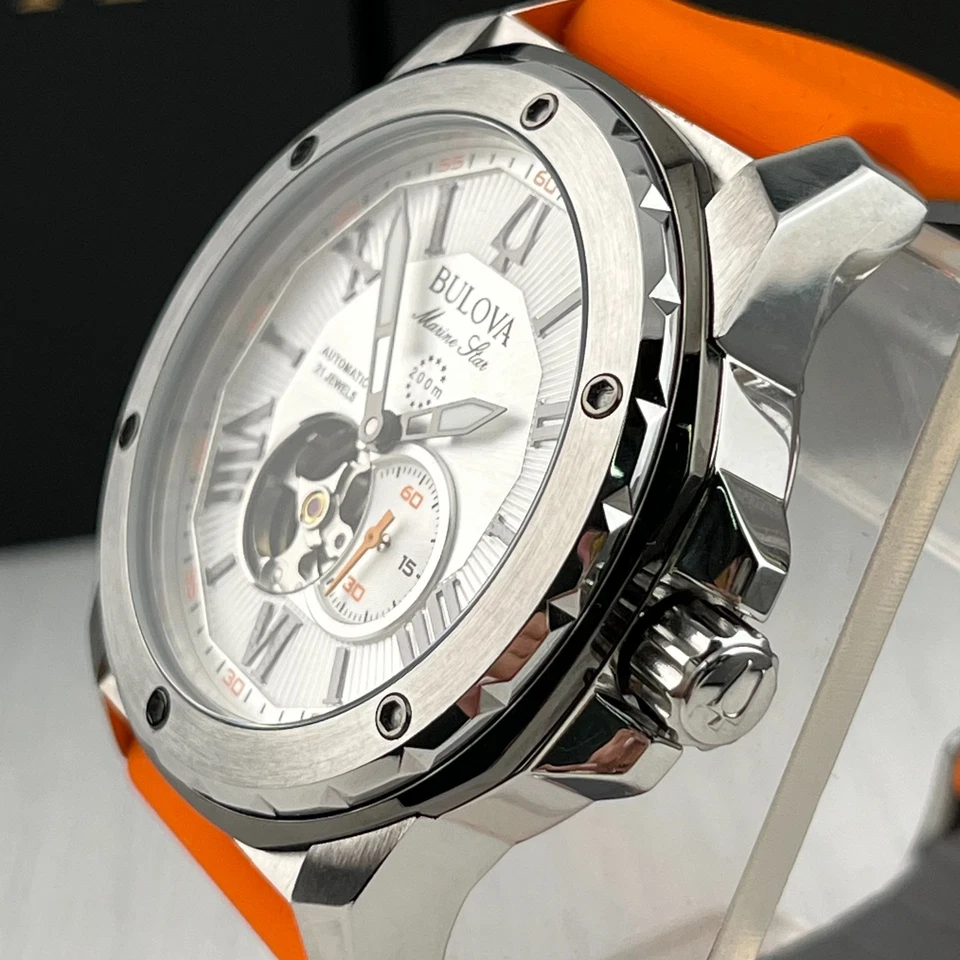 Bulova Marine Star 45mm Whit Dial Silver Case Orange/Grey Silicone Strap 98A226 - Image 3 of 4