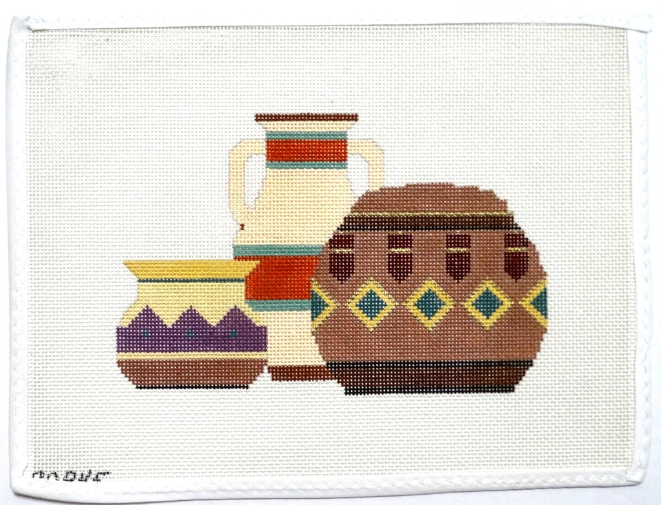 Carol Dupree Hand Painted Needlepoint Canvas American/Southwestern Style Pottery - Image 2 of 2