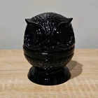 Black glass owl trinket dish titled 'Wise Owl Decision Maker' by Fenton Glass