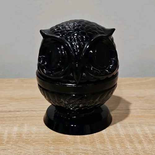 Black glass owl trinket dish titled 'Wise Owl Decision Maker' by Fenton Glass
