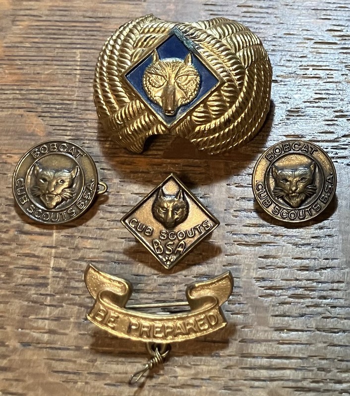 Lot Of Vintage Boy Scout Of America Bobcat, Wolf, Be Prepared Pins / Scarf Slide