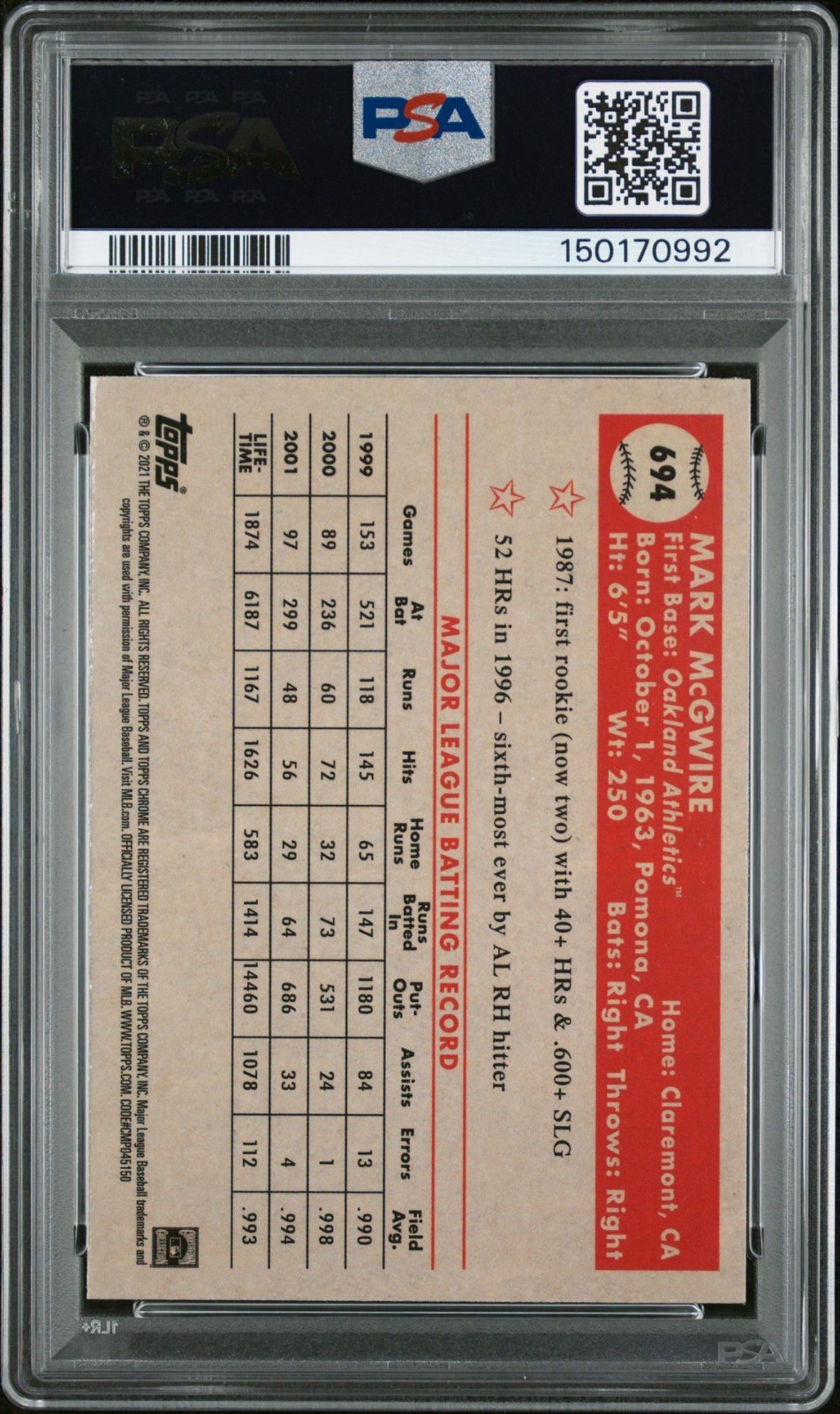 Mark McGwire 2021 Topps Chrome Aqua Wave Refractor Card #694 PSA 10 Auto 10 view 2