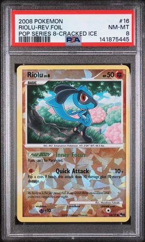 2008-09 POKEMON POP SERIES 8 CRACKED ICE #16 RIOLU-REVERSE FOIL PSA 8