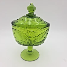 L.E. Smith Green Glass Eagle Stars Covered Compote Candy Dish Vintage 8¼” USA