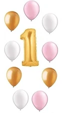 Fun to Be One Number #1 1st Gold Pink Girl Party 10 Pc Mylar Latex Balloons Set 