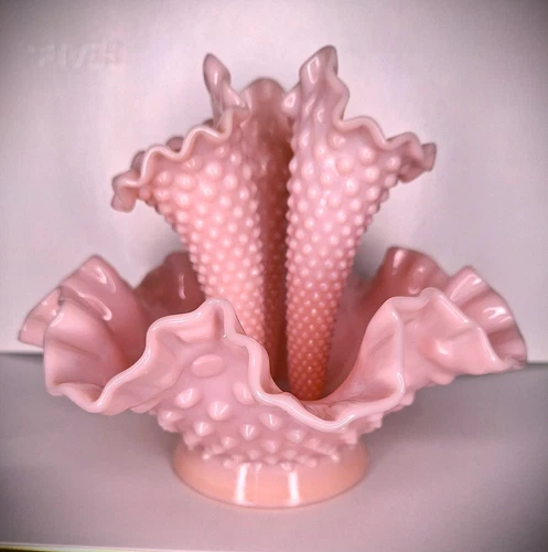 Vintage Fenton Glass Pink Hobnail Three Trumpet Horn Epergne Vase