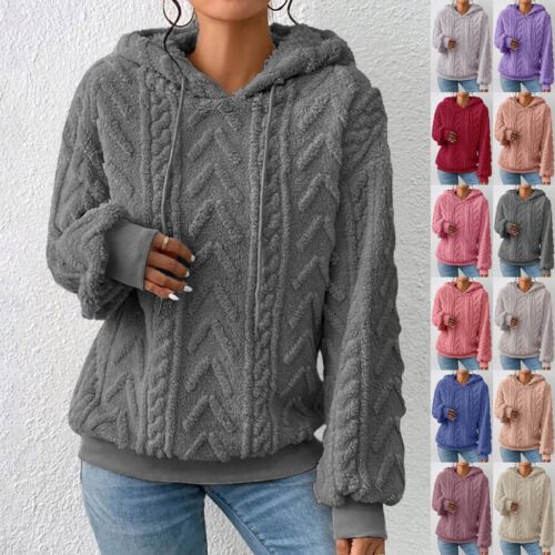 Women's Solid Plush Fleece Hooded Sweatshirt Long Sleeve Loose Pullover Sweater