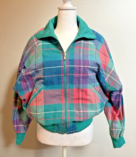 HEAD Sportswear Vintage 80s Retro Reversible Check/Teal Bomber Jacket Medium - Picture 3 of 19