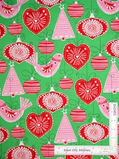 Christmas Ornament Bird Tree Heart Green Cotton Fabric Michael Miller 1.3 Yards