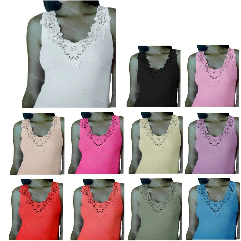 Ladies Plain Cotton Wide Strap Vest Top Lace Trim Neck Design Cami