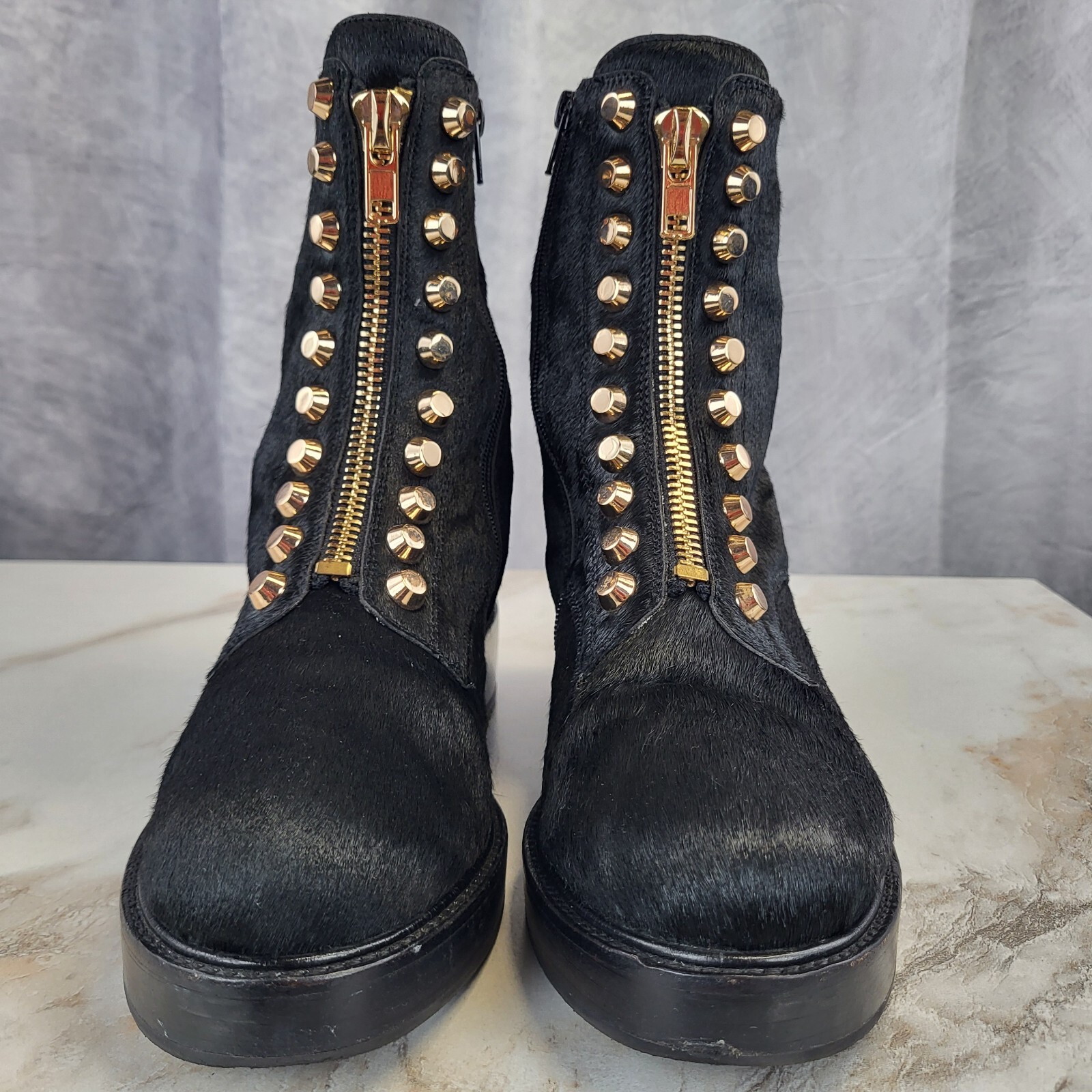 Jeffrey Campbell Tonette Genuine Calf Hair Studded Front Zip Boots Women's 8.5