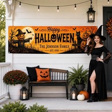 Personalized Happy Halloween Banner, Custom Family Scarecrow Fence Banner