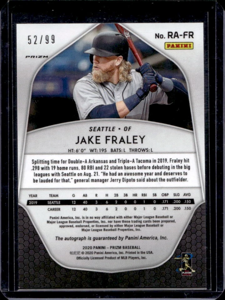 2020 Prizm Jake Fraley Rookie Auto Blue Rookie #52/99 Mariners - Image 2 of 2
