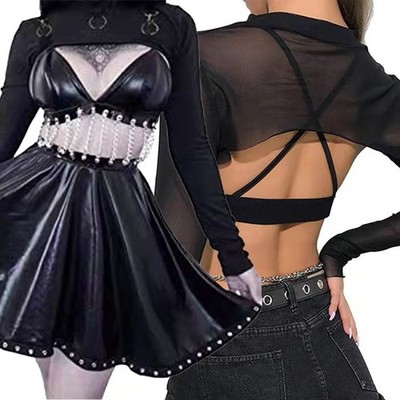 Eye Catching Black Sheer Mesh Crop Top for Women's Clubwear Unique Design