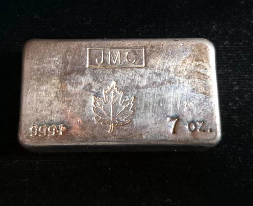 RARE JMC JOHNSON MATTHEY 7oz. .999 SILVER VINTAGE BAR MAPLE LEAF