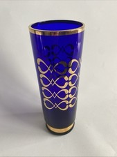 Vintage Glass Vase Czech Gilded Gold Cobalt Blue Red Tall Vase 70s