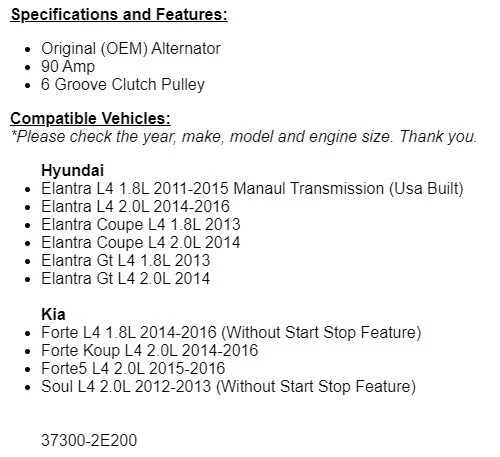 Alternador OEM para Hyundai Elantra 2011 2012 2013 2014 2015 (1,8 L) Foto 3 de 3