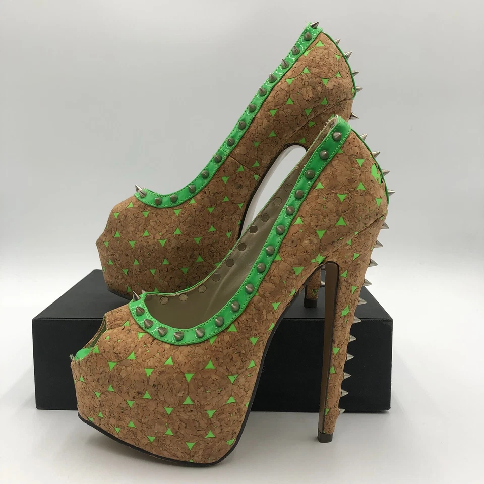 Red Kiss Platform Heels Women's Size 6.5 Cork and Green Spike Studded - Image 3 of 4