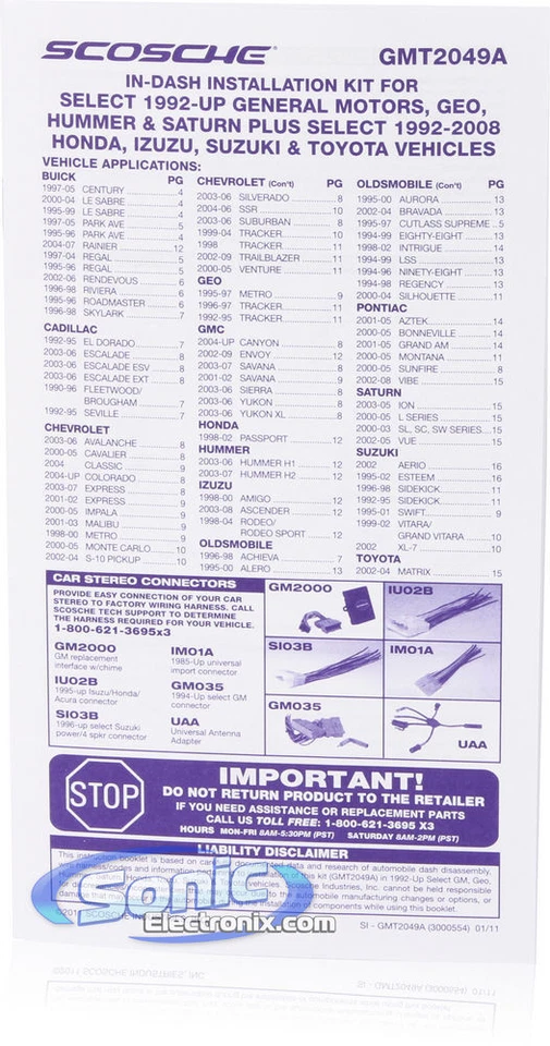 Kit de tablero de instalación Scosche GMT2049AB Single DIN para Select 1992-up GM Foto 2 de 3