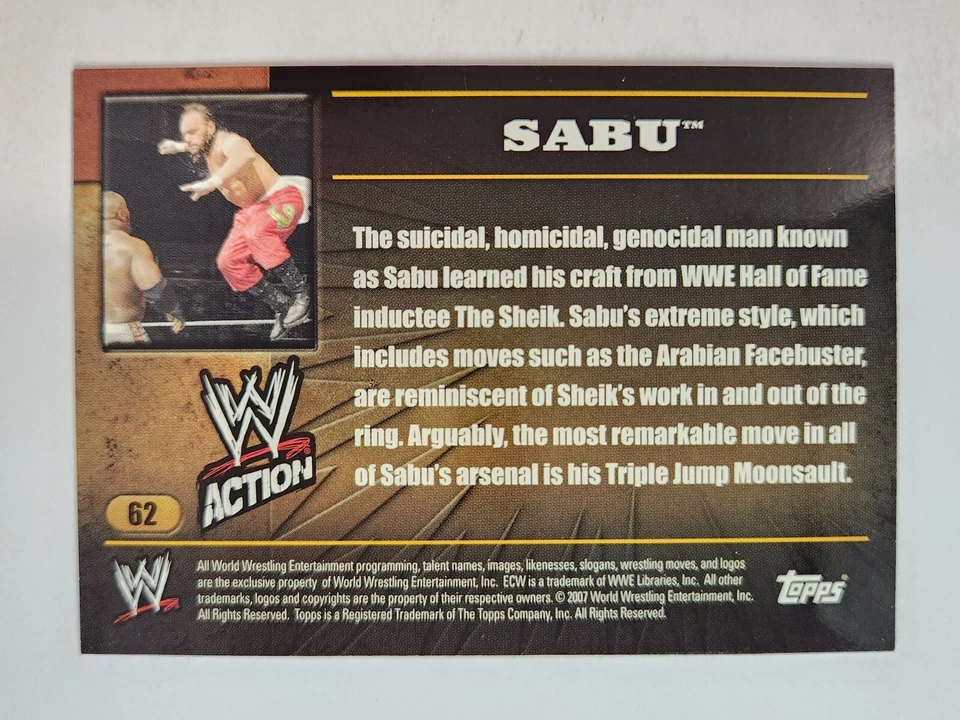 2007 Topps WWE Action #62 SABU (RC) ROOKIE - Image 2 of 2