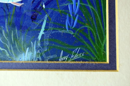 6" Vintage Caribbean Art Pastel Signed Fabius Art Water Decor Fish Seascape - Picture 4 of 5