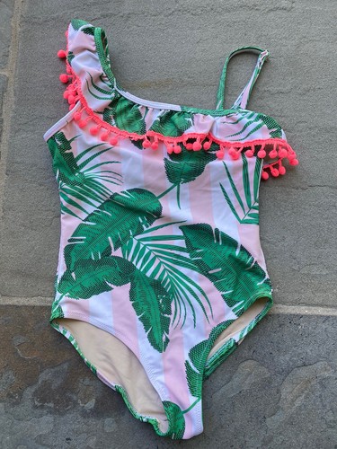 Shade Critters Girls Size 7 One Piece Green Fern Pink Pom Bathing Suite