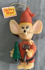 Vintage 1979 Jasco Merry Mice Ornament Elf w Tree & Ax Flocked Christmas