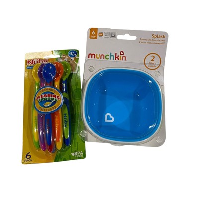Munchkin Splash 2-Pack Bowls with Grip And Nuby  6 Pack Weaning Spoons Lot