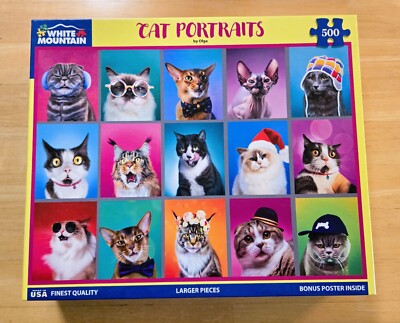White Mountain Puzzle ''Cat Portraits'' 500 Piece 2023 18x24 COMPLETE - Fun!