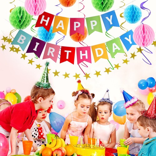 Multicolor Happy Birthday Decorations Set Supplies for Party Rainbow Banner Kit - Picture 7 of 7