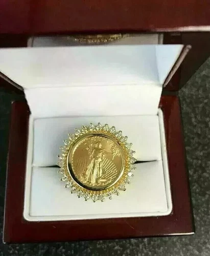 Round Lab-Created Diamond Wedding Lady Liberty Coin Ring 14k Yellow Gold Plated