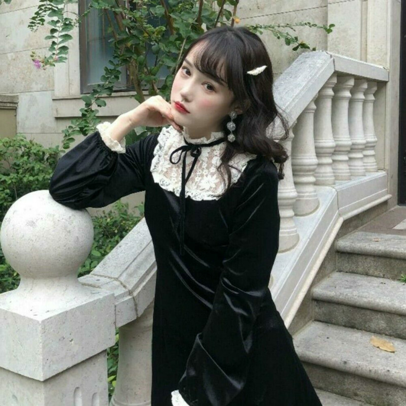 Lace Velvet Ruffle Frill Gothic Mini Dress