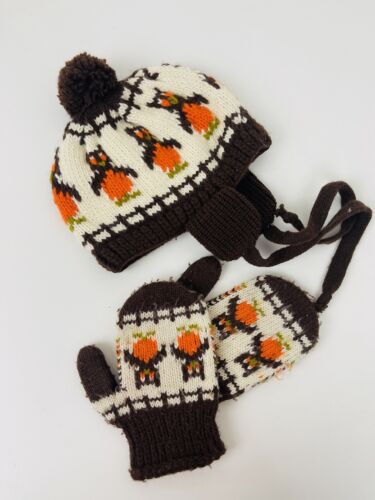 Vintage Baby Winter Fall Hat Mitten Set Knit Owls Brown Orange Cap Pom Pom Doll - Picture 1 of 10