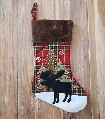 Christmas Stocking Red Plaid Moose Tree Faux Wool And Fur 18'' Hobby Lobby