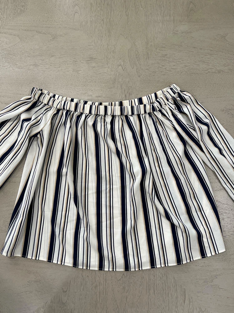 Forever 21 Juniors Womens Blouse White Blue Striped Off Shoulder