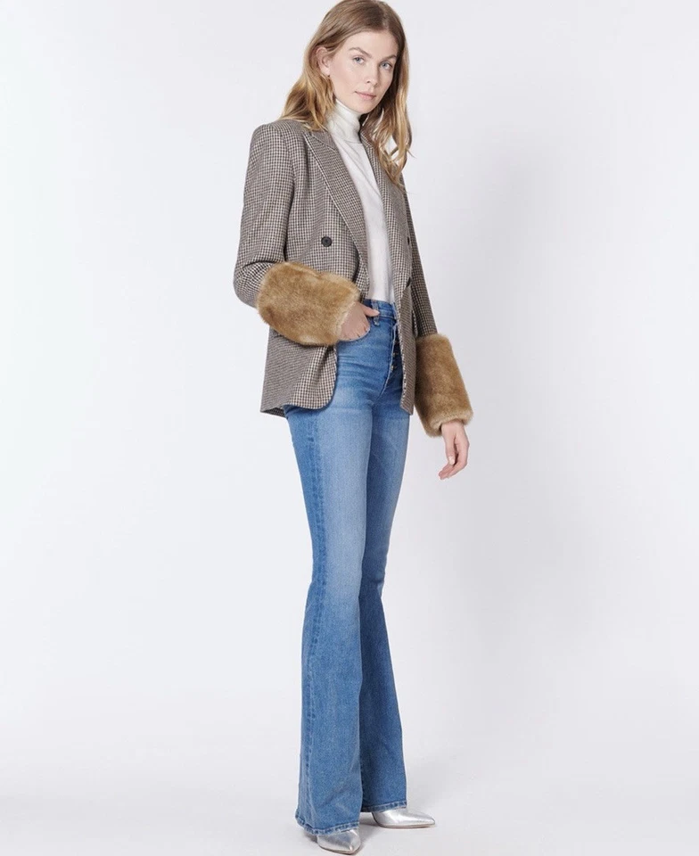 Veronica Beard Fahey Houndstooth Dickey Jacket Blazer Removable Faux Fur Cuff - Image 3 of 4