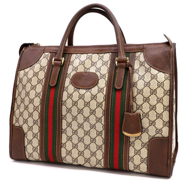 GUCCI VINTAGE Web Stripe Handbag Boston GG Supreme Classic Brown Rare Authentic