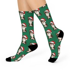 Christmas Long Hair Chihuahua Dog Crew Socks, Holiday Chihuahuas Novelty Socks